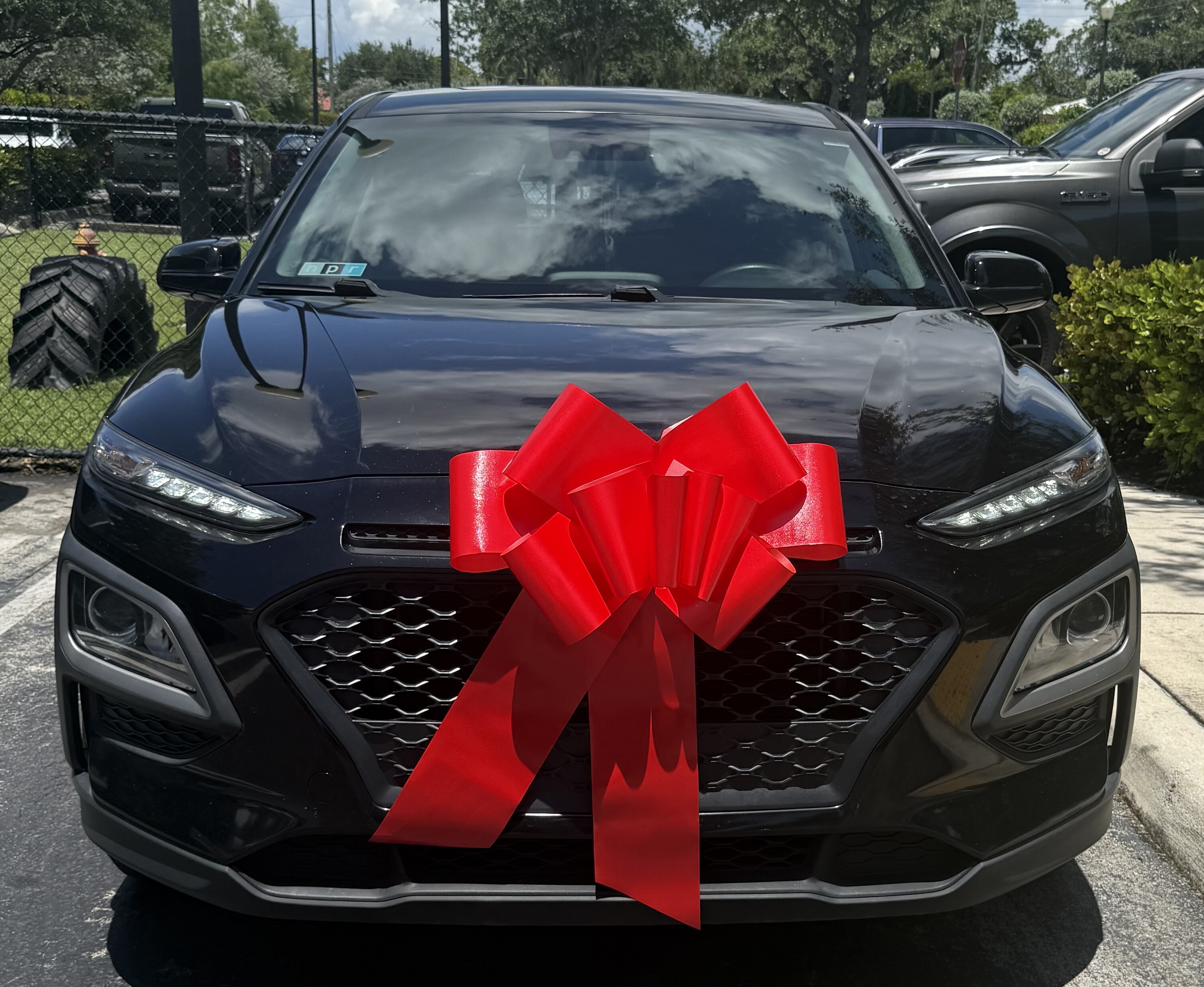 Delivered vehicle with a red delivery bow
